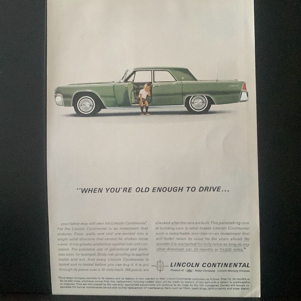 Vintage 1962 Lincoln Continental Old Enough To Drive Ad Advertisement